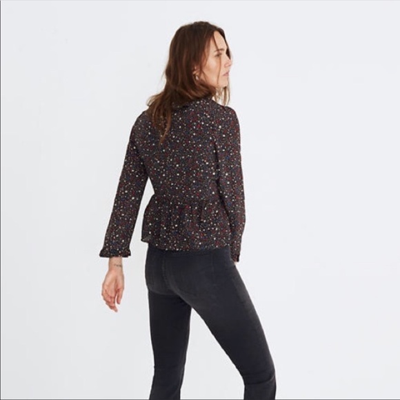 Madewell | 100% Silk Starry Night K0208 Wrap Peplum Ruffle Blouse Blue Red XXS - Picture 4 of 16